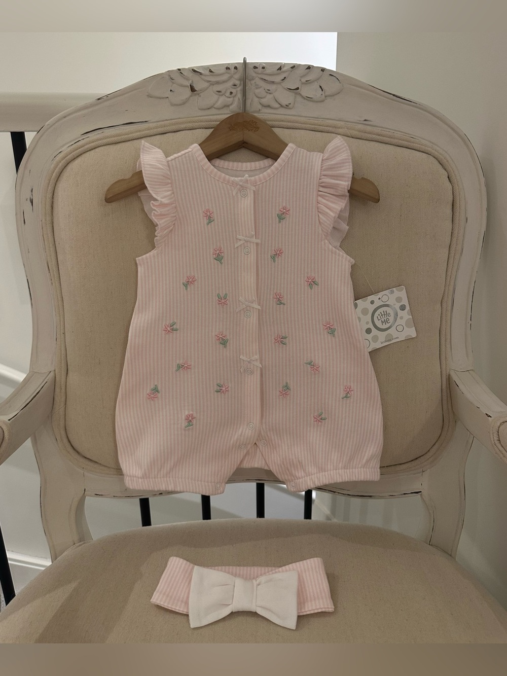 🩰 12 Mth Baby Ballet Pink Floral Embroidered 2 Piece Romper Set 100% Cotton NWT